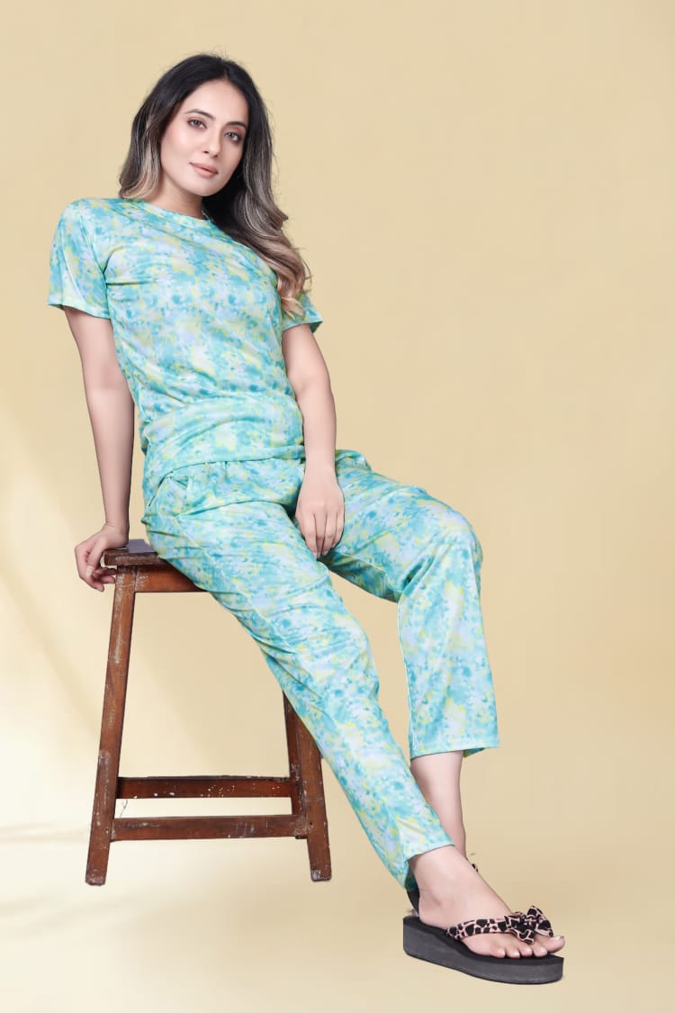 Ocean Whirl – Green-Blue Abstract Nightwear Set