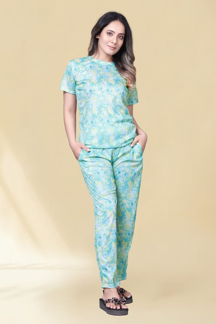 Ocean Whirl – Green-Blue Abstract Nightwear Set