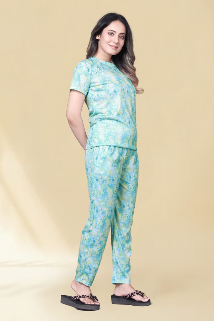 Ocean Whirl – Green-Blue Abstract Nightwear Set