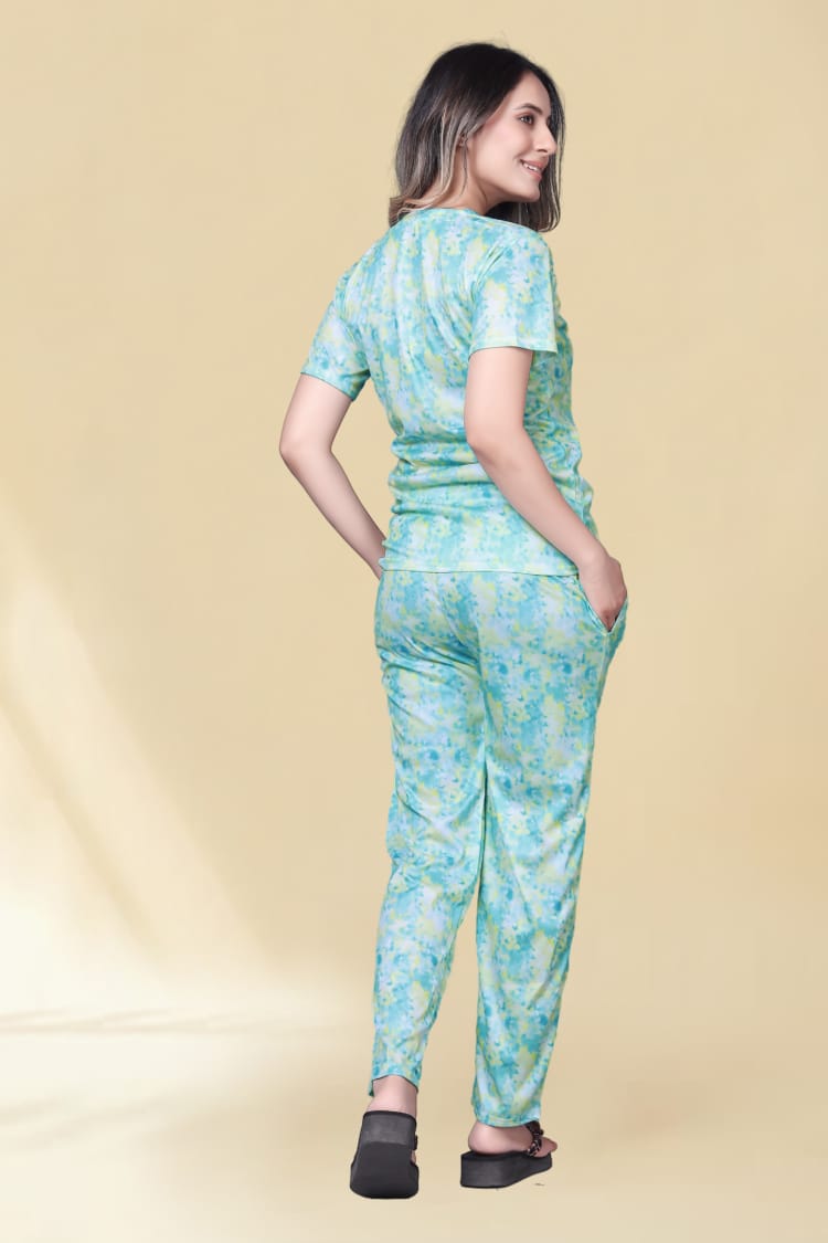 Ocean Whirl – Green-Blue Abstract Nightwear Set