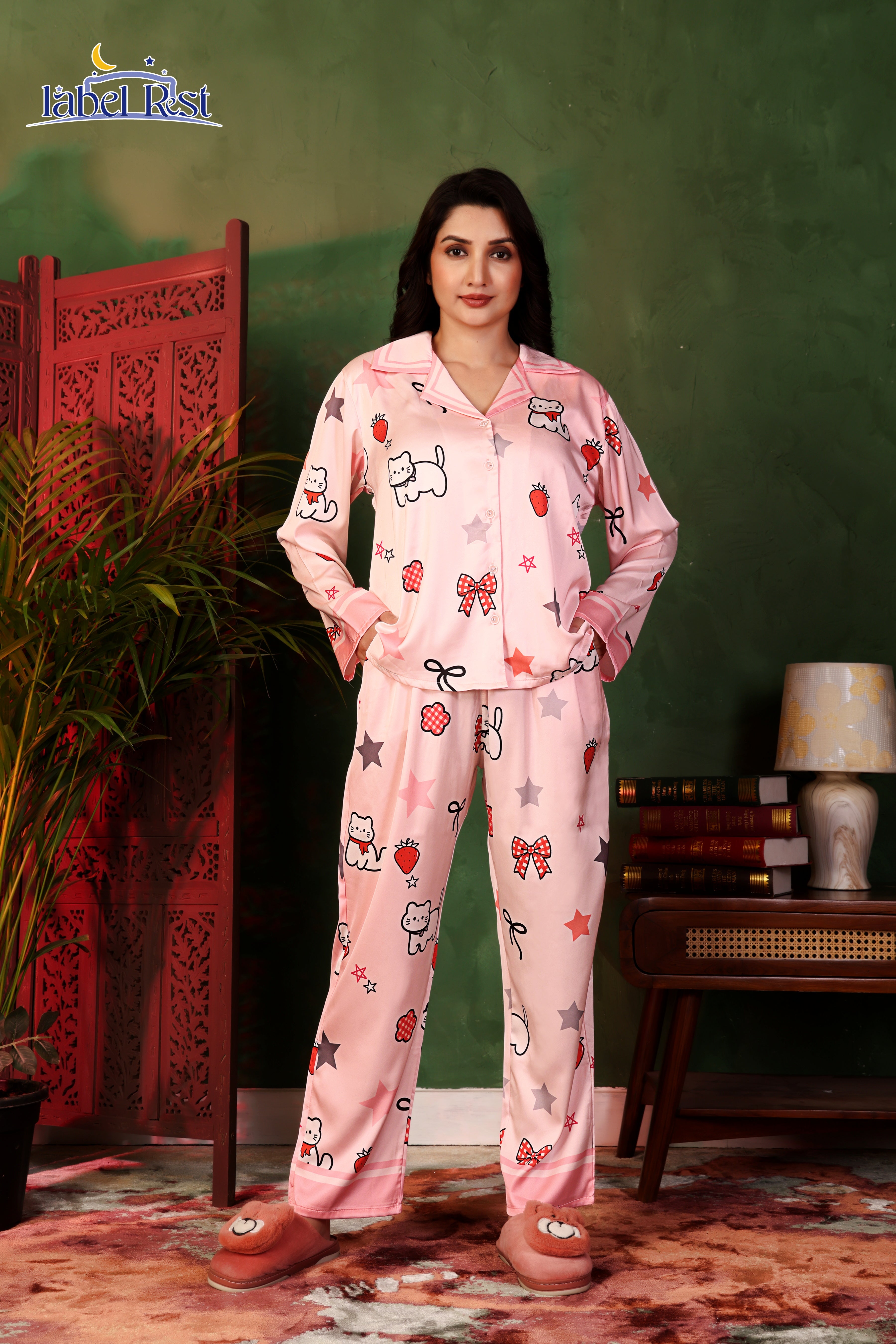 Strawberry Kitty Satin Nightwear Set