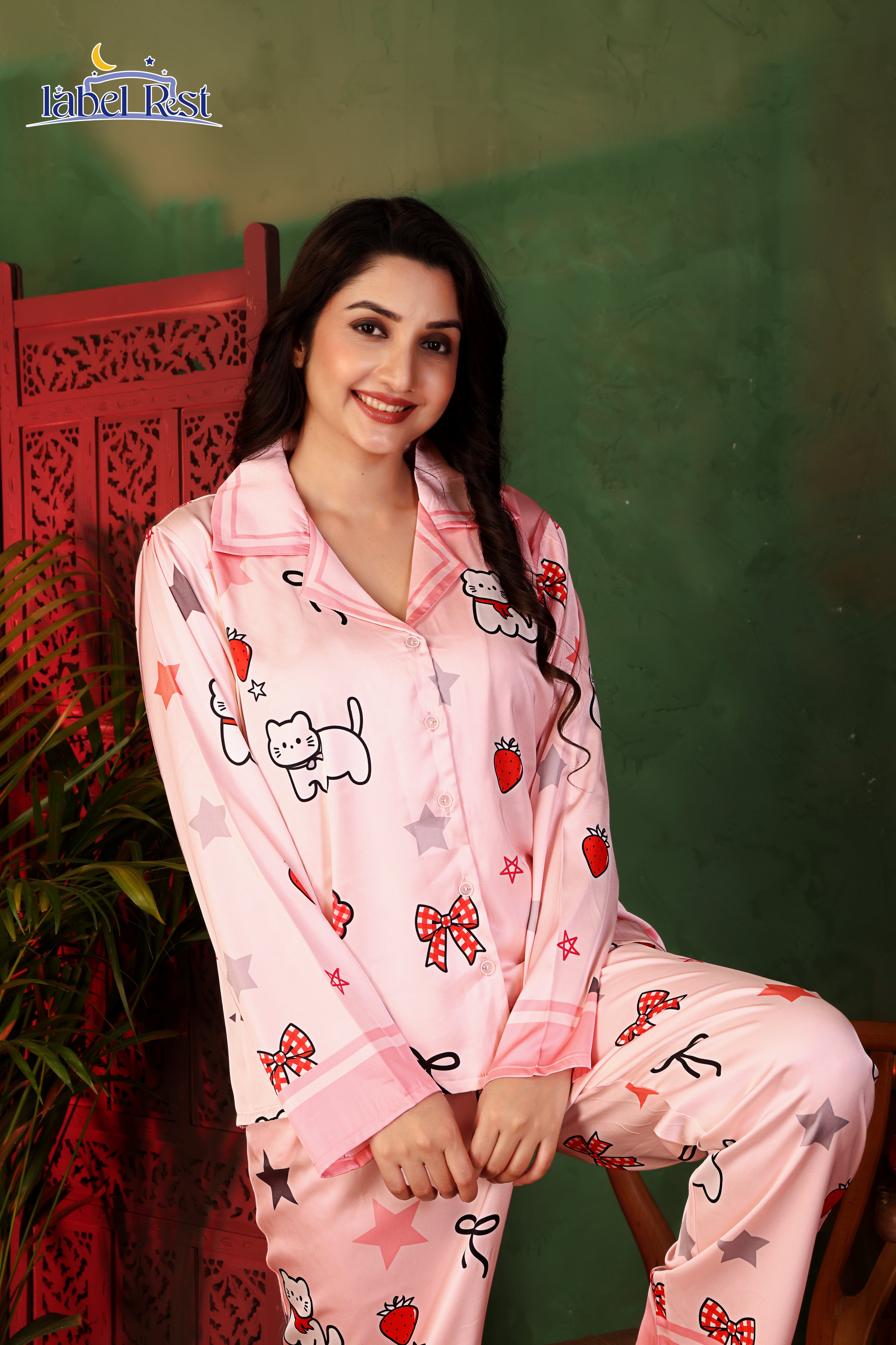 Strawberry Kitty Satin Nightwear Set