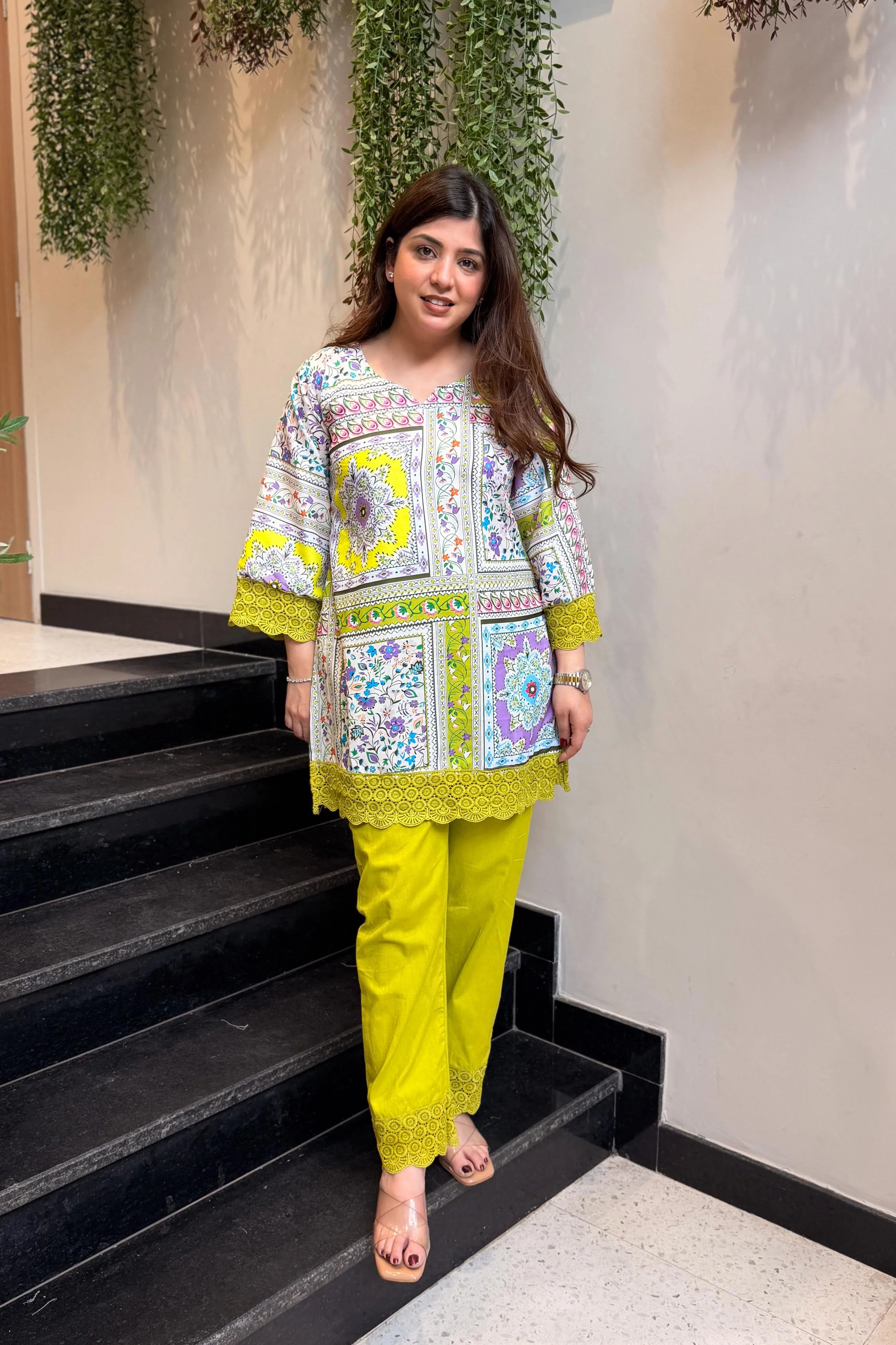 “Lime Bloom Printed Kurti Co-ord Set”
