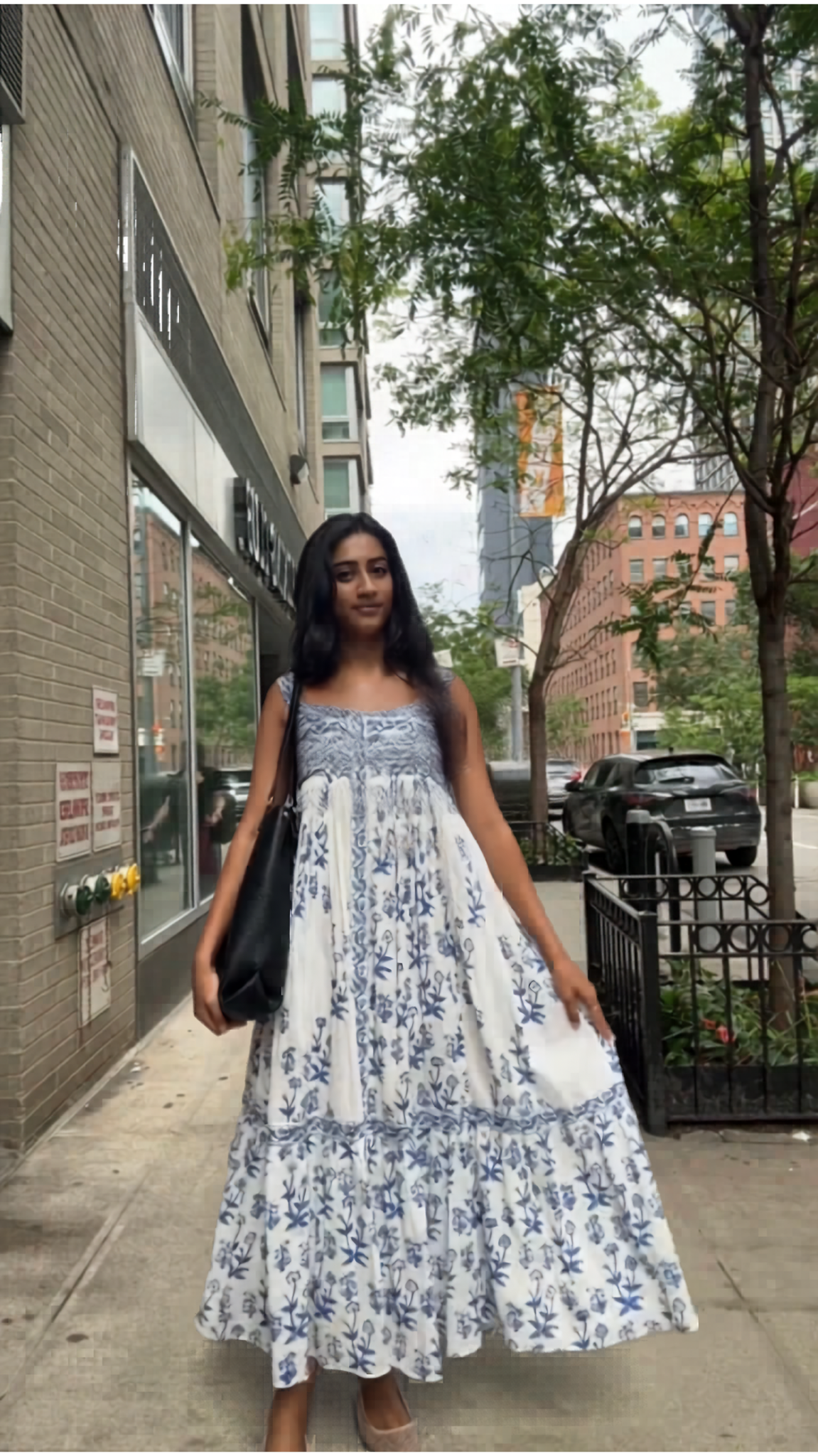 Blue & White Block Print Floral Smocked Maxi Dress