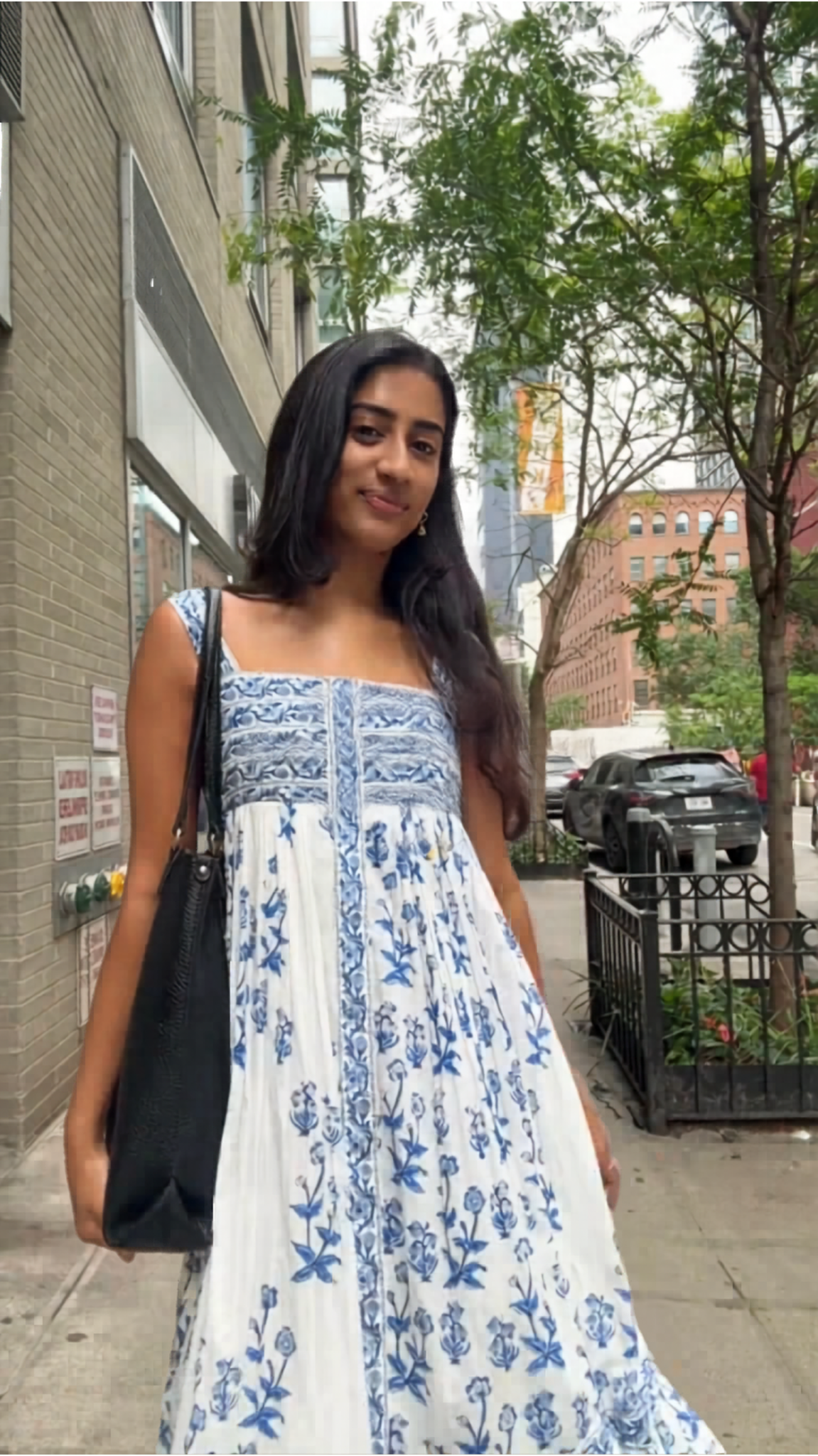 Blue & White Block Print Floral Smocked Maxi Dress