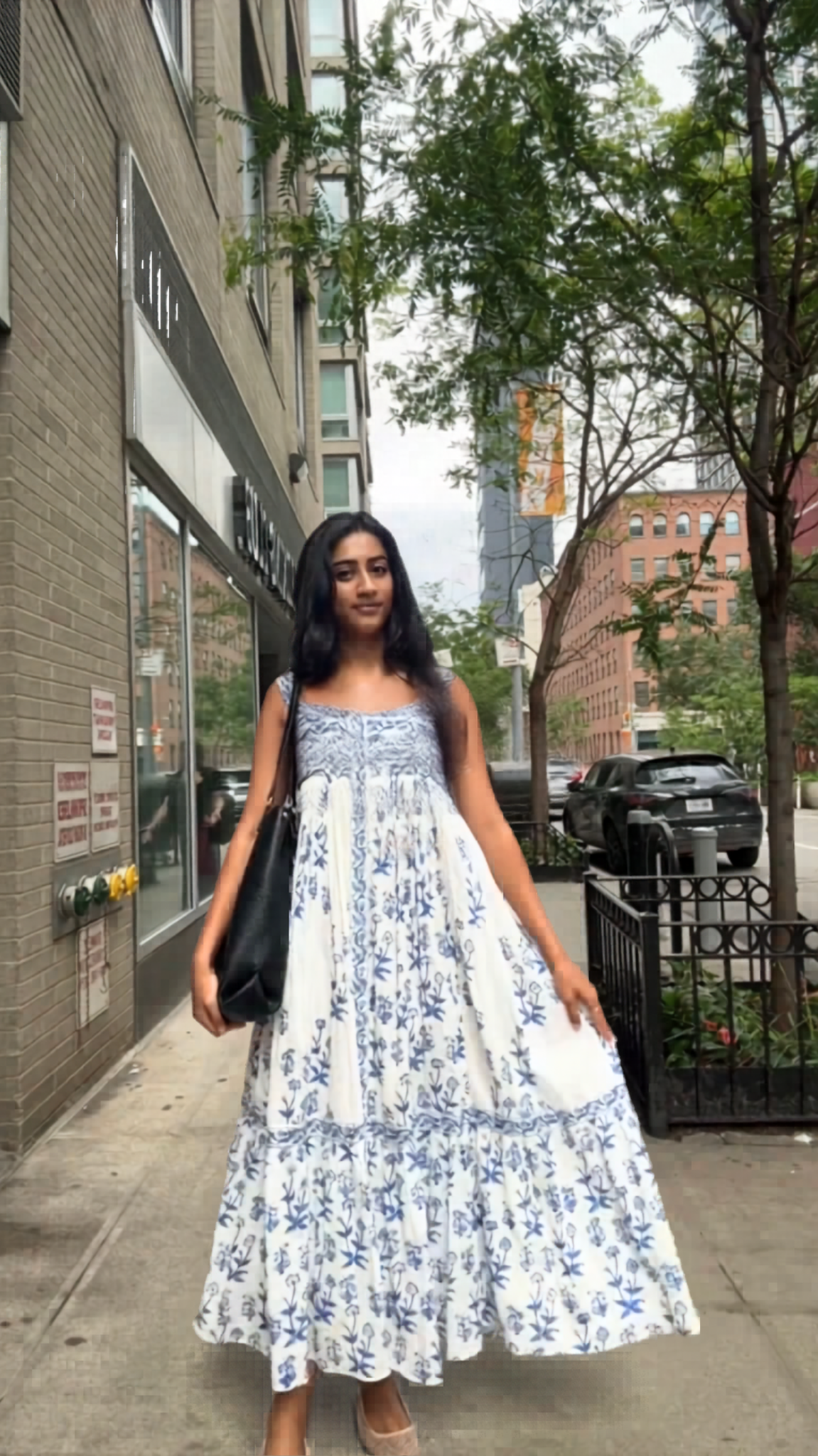 Blue & White Block Print Floral Smocked Maxi Dress