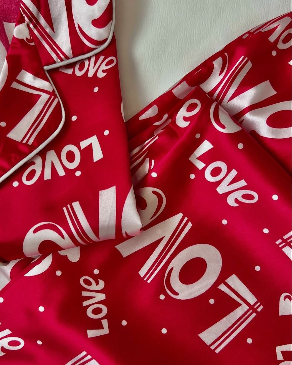 Red Satin "Love" Print Nightwear Set for Women