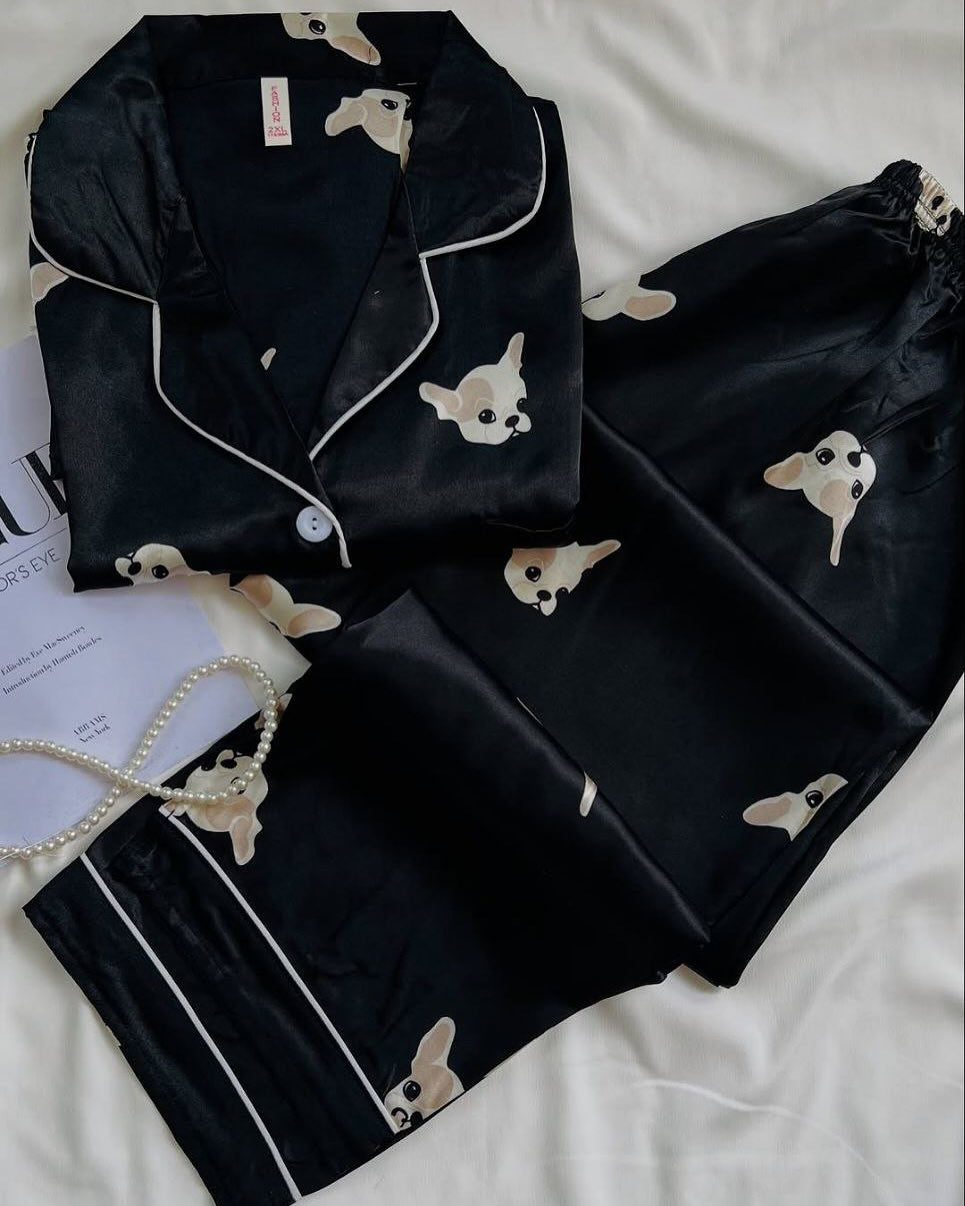 Black Satin Dog Print Nightwear Set for Women