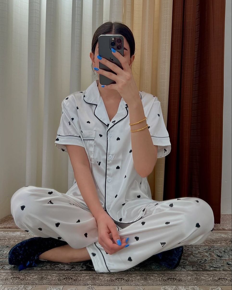 Satin Heart Print White Night Suit for Women