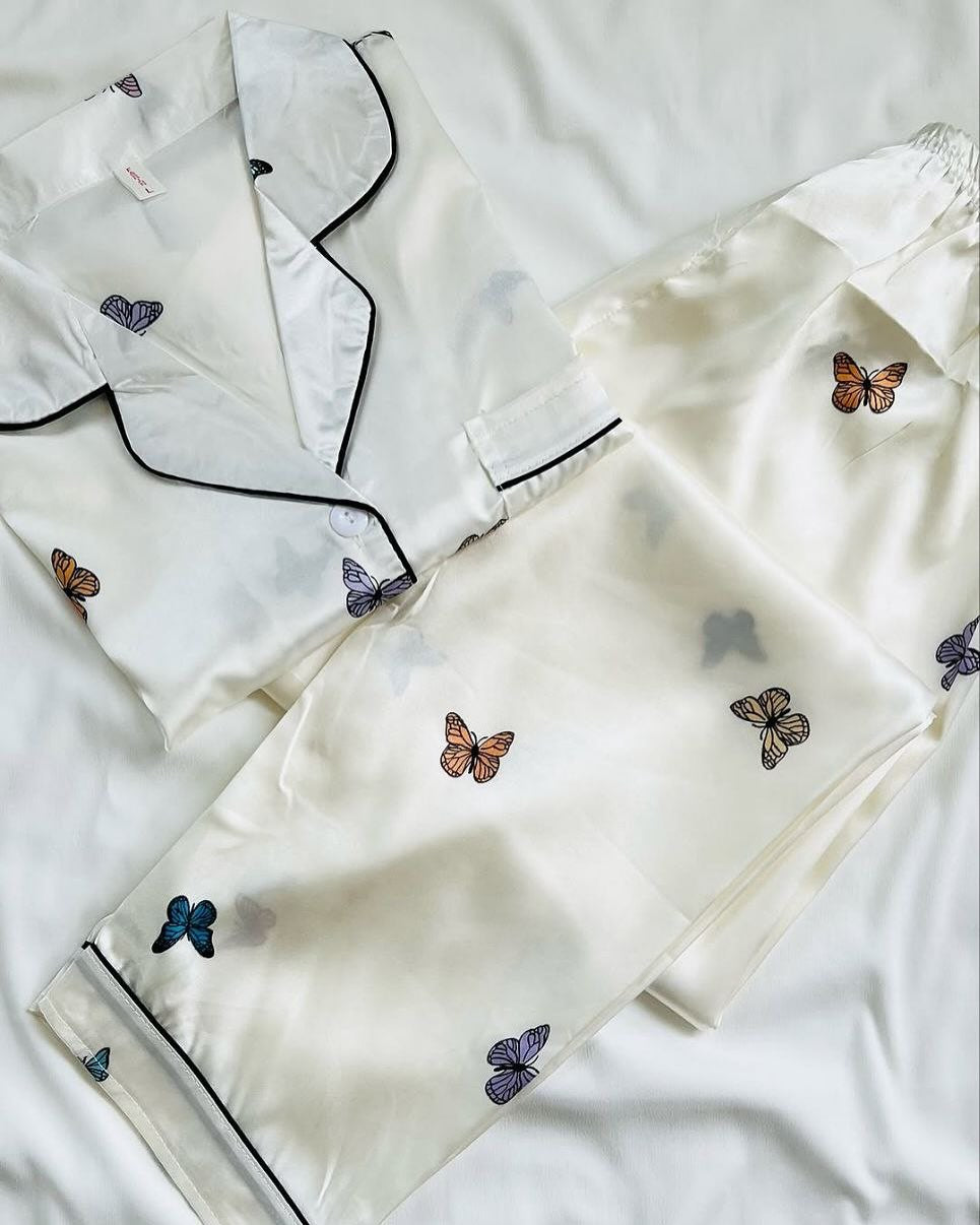 Butterfly Print Satin Nightwear Set – Off White